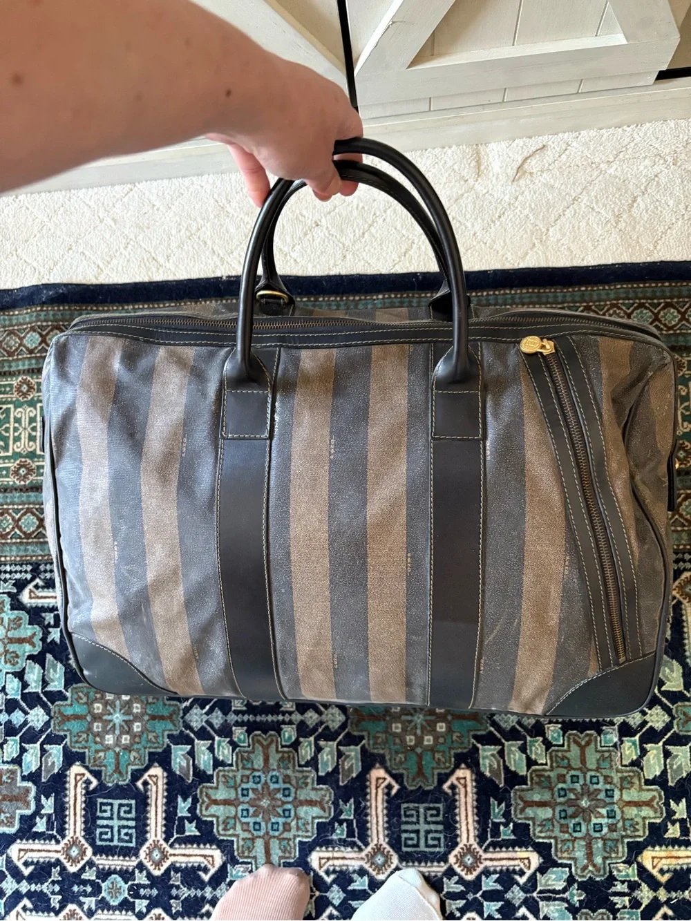 Fendi Striped Pequin Canvas /w Black Leather Duffel Bag